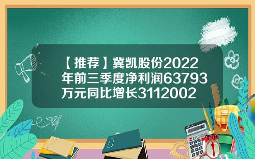 【推荐】冀凯股份2022年前三季度净利润63793万元同比增长3112002691基金