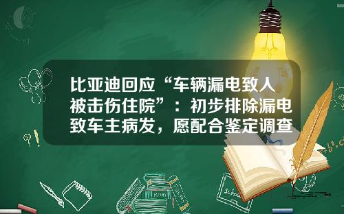 比亚迪回应“车辆漏电致人被击伤住院”：初步排除漏电致车主病发，愿配合鉴定调查.