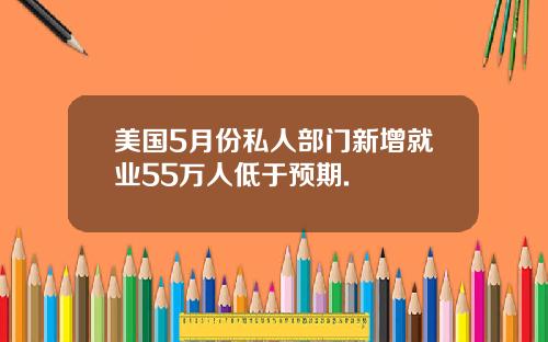 美国5月份私人部门新增就业55万人低于预期.