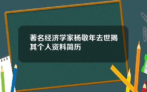 著名经济学家杨敬年去世揭其个人资料简历